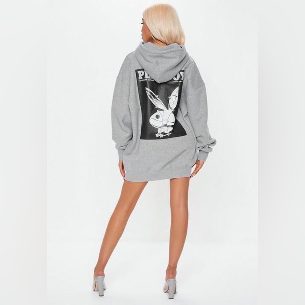 PLAYBOY X Missguided Grey Oversized Bunny Print Hoodie Dress SIZE L LIKE NEW